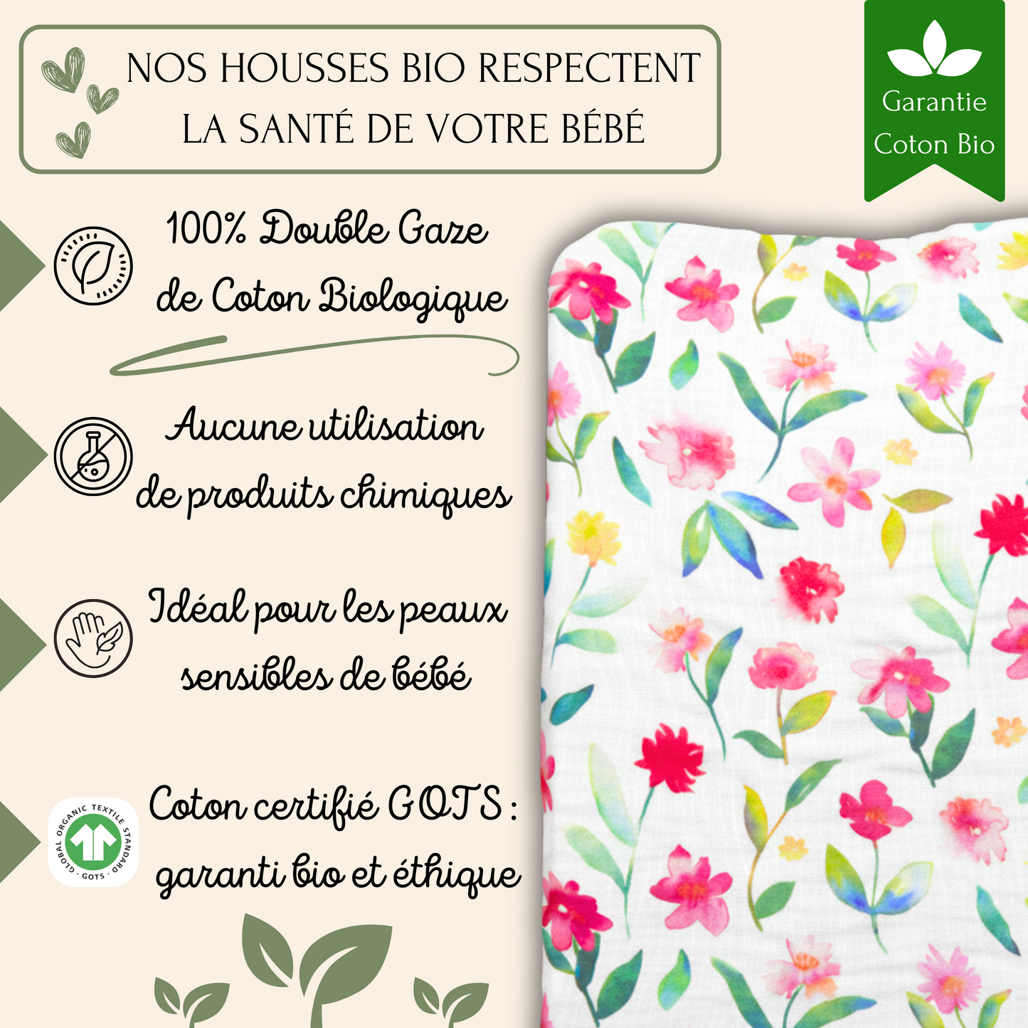 Housse Matelas à Langer Coton bio GOTS PEONY