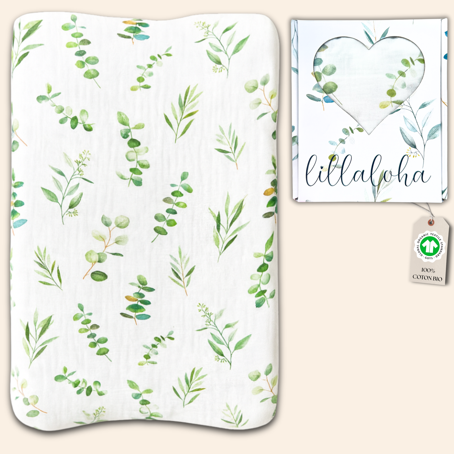 Housse de matelas à langer 100% gaze de coton bio GOTS - 50x70cm - Collection EUKALYPTUS