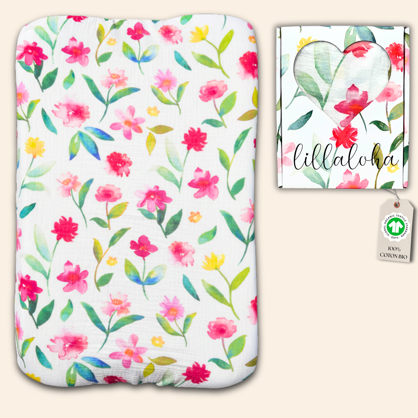 Housse de matelas à langer 100% gaze de coton bio GOTS - 50x70cm - Collection PEONY