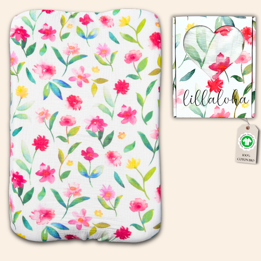 Housse de matelas à langer 100% gaze de coton bio GOTS - 50x70cm - Collection PEONY
