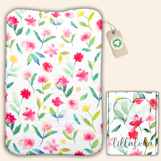Housse de matelas à langer 100% gaze de coton bio GOTS - 50x70cm - Collection PEONY