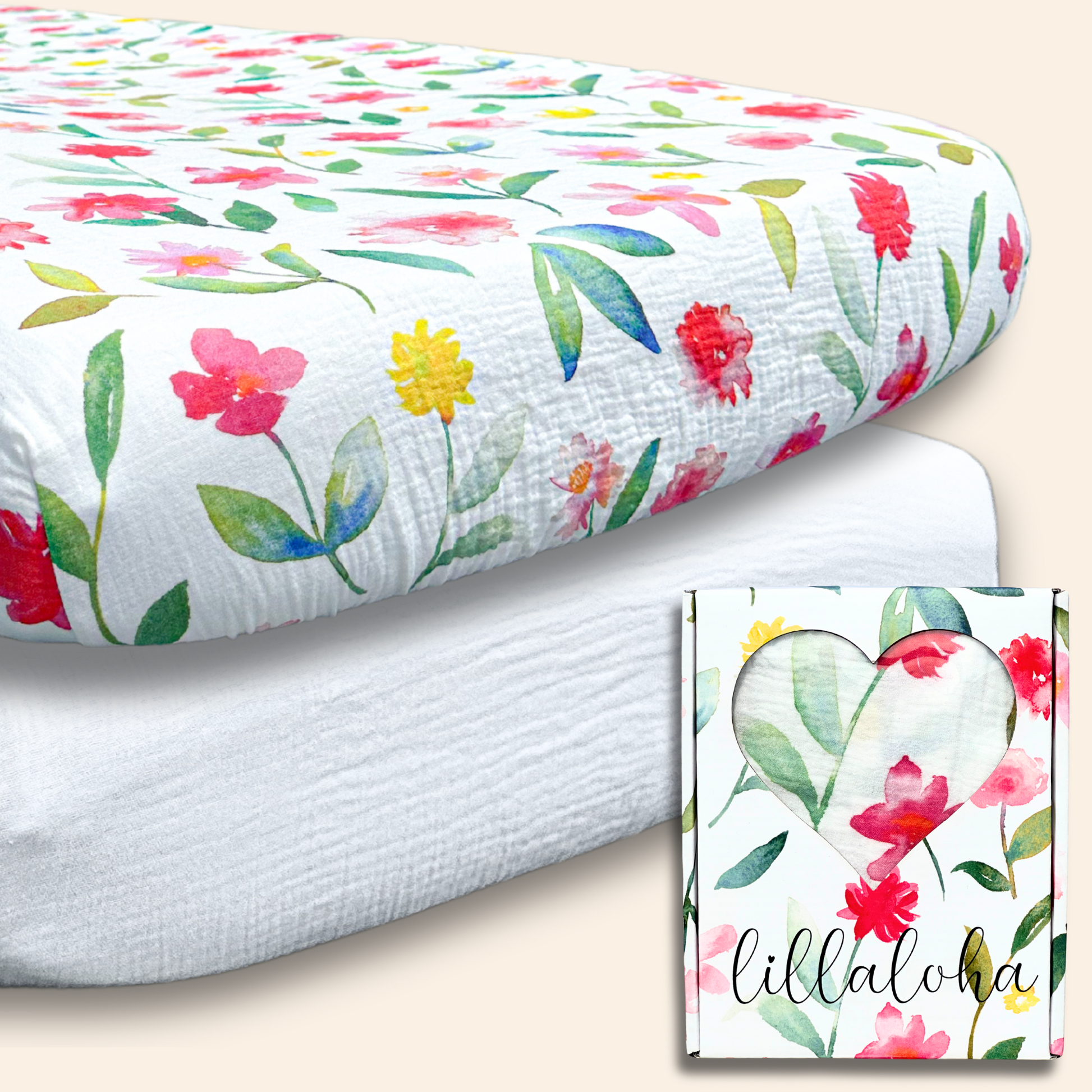 Lillaloha lot de 2 draps housse 60x120cm coton bio gots Peony motif fleurs